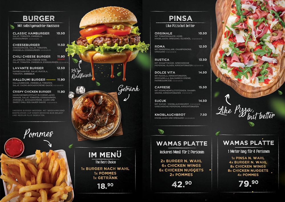 WAMA'S Burger Menükarte Öhringen – Burger, Pinsa, Beilagen und Menüs mit Preisen